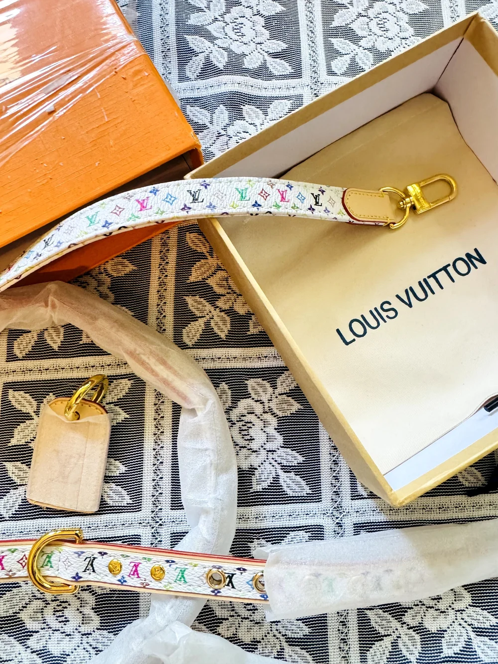 Louis Vuitton White Multicolor Monogram Adjustable Strap with Gold Hardware🌷💝